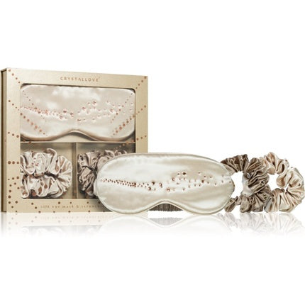 Crystallove Golden Silk Eye Mask & Scrunchies Set - Silk material, Golden color, includes eye mask and scrunchies