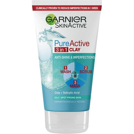 Garnier Pure Active 3in1 Clay Mask Wash Scrub 150ml - Face Cleanser For Oily Skin