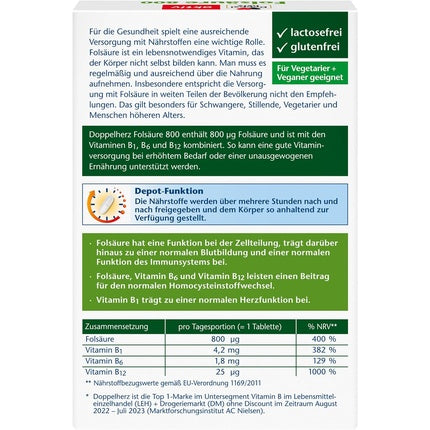 Doppelherz Folic Acid 800 DEPOT with Vitamin C + B Vitamins to Support Normal Immune Function VEGAN 60 Mini Tablets