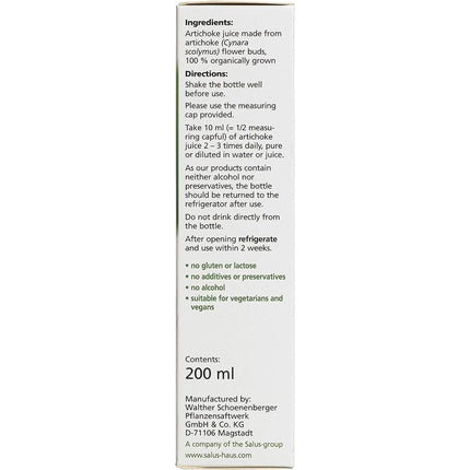 Salus Artichoke Organic 100% Pure Fresh Plant Juice 200ml