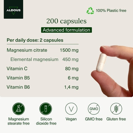 200 Capsules Magnesium Citrate with Vitamin C, B6, B5 Daily Dose 1500mg
