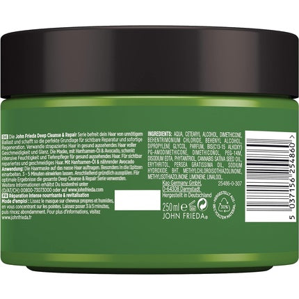 John Frieda Deep Cleanse & Repair Mask 250ml with Hemp Seed Oil and Nourishing Avocado