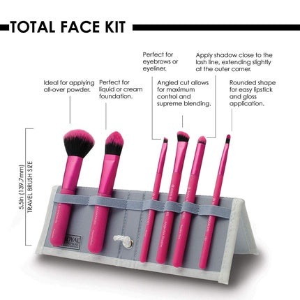 MODA Royal & Langnickel Travel Size Makeup Brush Set with Bag Including Powder, Foundation, Angled Shadow, Smoky Eye, Brow Liner, Pointed Lip Brushes Pink
