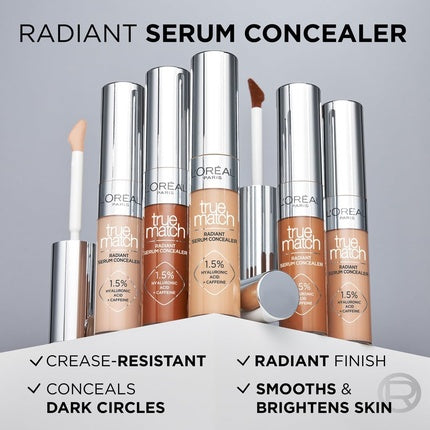 L'Oréal Paris Serum Concealer Medium Coverage Radiant Finish with 1.5% Hyaluronic Acid and Caffeine True Match 10ml 11N