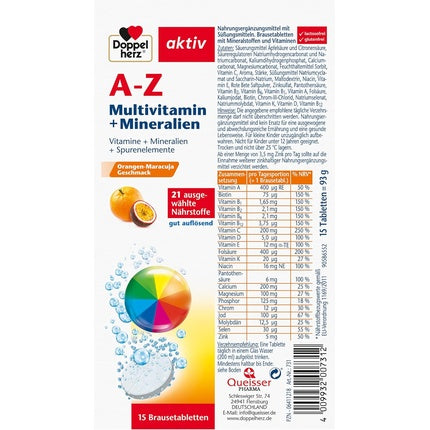 Doppelherz A-Z Multivitamin + Minerals - 21 Selected Nutrients for Health and Well-being - 15 Effervescent Tablets