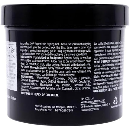 Ampro Pro Styl Styling Gel Protects and Strengthens Your Strands Non-Flaking Alcohol Free Vegan Formula Flexible Touchable Hold for All Hair Textures Super Hold 32 oz