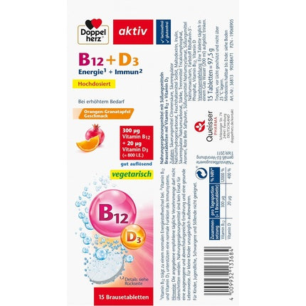 Doppelherz Vitamin B12 + D3 High Dose with 300mcg Vitamin B12 and 800 IU Vitamin D3 for Normal Immune System Function