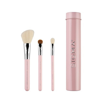 Sigma Beauty Travel Essential Trio Makeup Brush Set for Foundation Powder Eyeshadow 3 Tool Brushes with Brush Tin Holder Light Pink