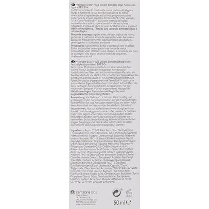 Heliocare 360 Fluid Cream SPF50+ 50ml Sun Cream for Face Daily UVA UVB Visible Light and Infrared-A Anti-Ageing Sunscreen Protection for Dry and Normal Skin Types Hydrating White