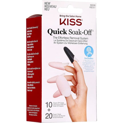 KISS Quick Soak-Off Removal System for Fake Nails and Nail Polish with 10 Reusable Caps and 20 Disposable Foam Pads and Manicure Stick