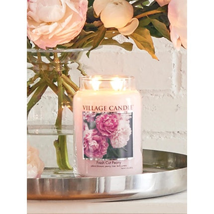 Village Candle Fresh Cut Peony Large Glass Apothecary Jar Scented Candle 21.25 oz Light Pink
