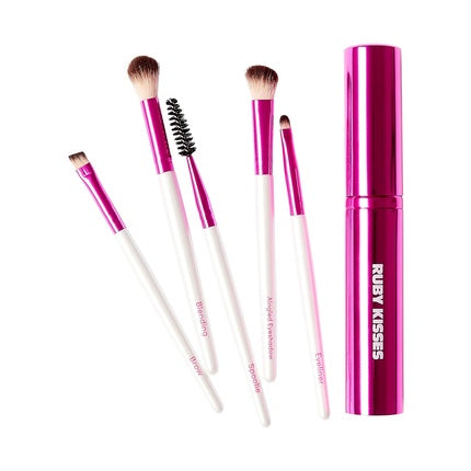 Ruby Kisses Makeup Brushes Travel Size Eye Makeup Brush Set with Case Blending Angled Eyeshadow Eyebrow Eyeliner Brush and Spoolie Travel Friendly 5 PCS Set