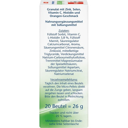 Doppelherz Active Defense with Zinc, Selenium & Vitamin C to Support the Immune System PLUS Histidine 20 Micro-Pellets with Orange Flavor