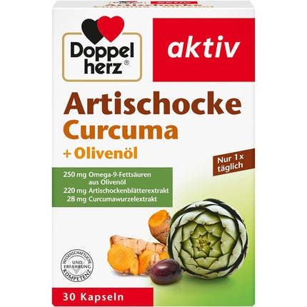 Doppelherz Artichoke + Olive Oil + Curcumin Herbal Supplement with Artichoke & Turmeric Extract and Omega 9 Fatty Acids 30 Capsules