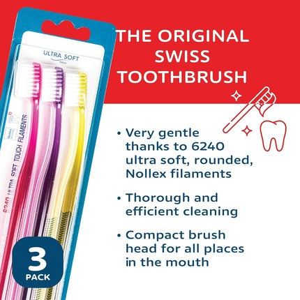 6240 Adult Ultra Soft Swiss Toothbrush for Gentle Cleaning with Ergonomic Handle Assorted Colors 3 Count