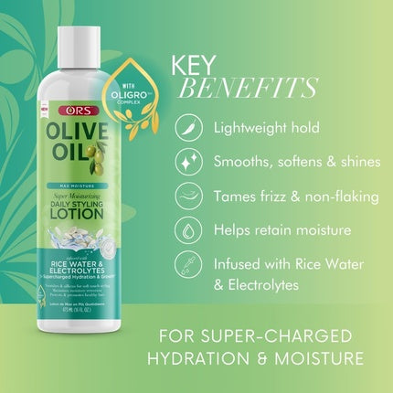 ORS Olive Oil Max Moisture Super Moisturizing Daily Styling Leave-In Lotion with Rice Water and Electrolytes 473ml 16oz