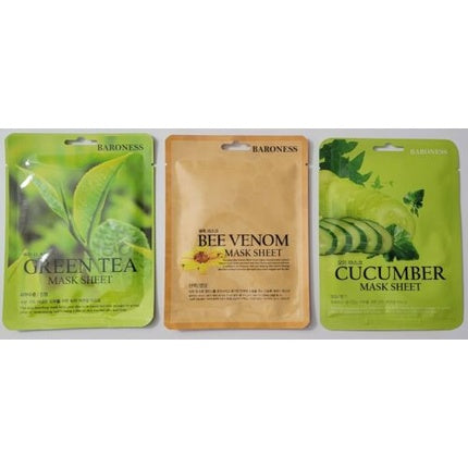 Korean Skincare Sheet Masks Baroness Set of 3 Green Tea, Bee Venom, Cucumber