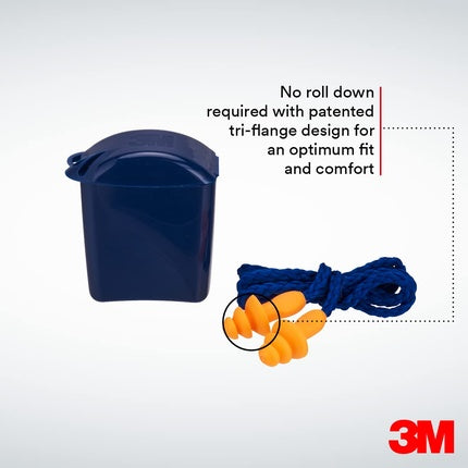 3M Corded Ear Plugs with Storage Box 87-98 dB Reusable and Washable Ear Plugs Protection - Kit of 1
