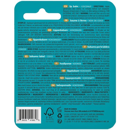 ATTITUDE Lip Balm SPF 15 Plastic-Free Waterless Vegan Sun Care Coconut 8.5g