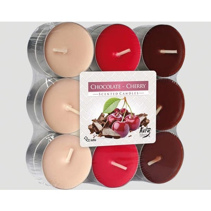 Aura Candles Tealights Chocolate - Cherry 18-Pack Assorted In 3 Colours, Block Pack, Made In Eu