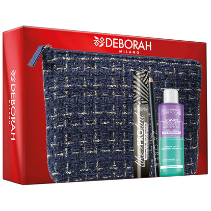 Deborah Milano Lined Clutch Color Blue With Like A Pro Tint Mascara, 24-Hour Eye Pencil No. 251, And Dermolab Mini Two-Phase Make-Up Remover