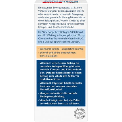 Doppelherz Collagen 5000 Liquid with Collagen Hydrolysate, Chondroitin Sulfate, Vitamins, and Manganese 14 Sticks Peach Flavor - Pack of 14