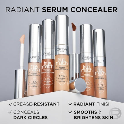 L'Oréal Paris Serum Concealer Medium Coverage Radiant Finish with 1.5% Hyaluronic Acid and Caffeine True Match 10ml 7N