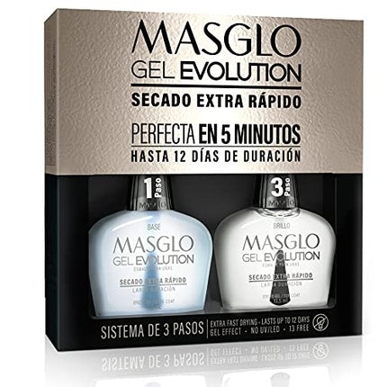 MASGLO GEL EVOLUTION Nail Polish Gel Effect No UV LED Lamp Duration Up to 12 days Base Top Coat 0.25 Fl Oz