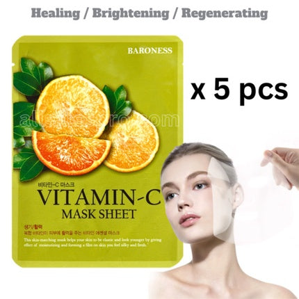 5 Pcs Vitamin C Korean Face Mask Sheet - Healing, Brightening, Regenerating
