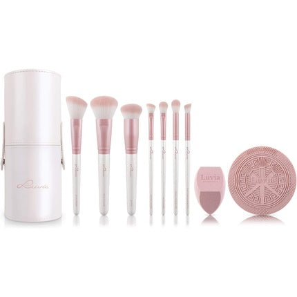 Luvia Prime Vegan Pro Candy Makeup Brush Set 7 Brushes with Storage, Blender Sponge and Cleaning Mat Mother of Pearl and Pearl Pink